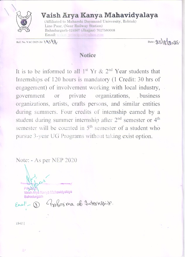 Compulsory Internships for 1st & 2nd Year Students