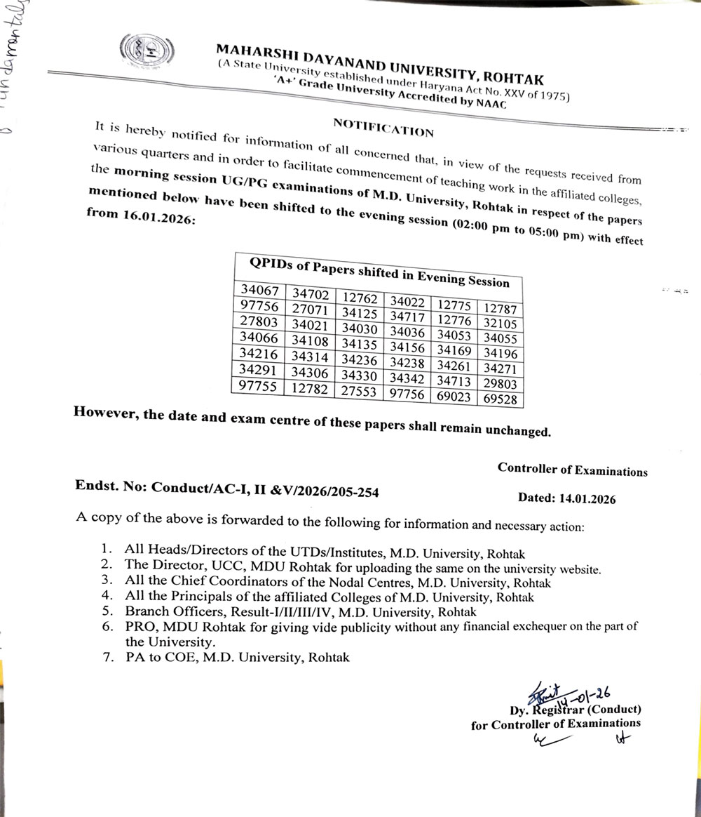 Change of Examination Time w.e.f. 16.01.2026